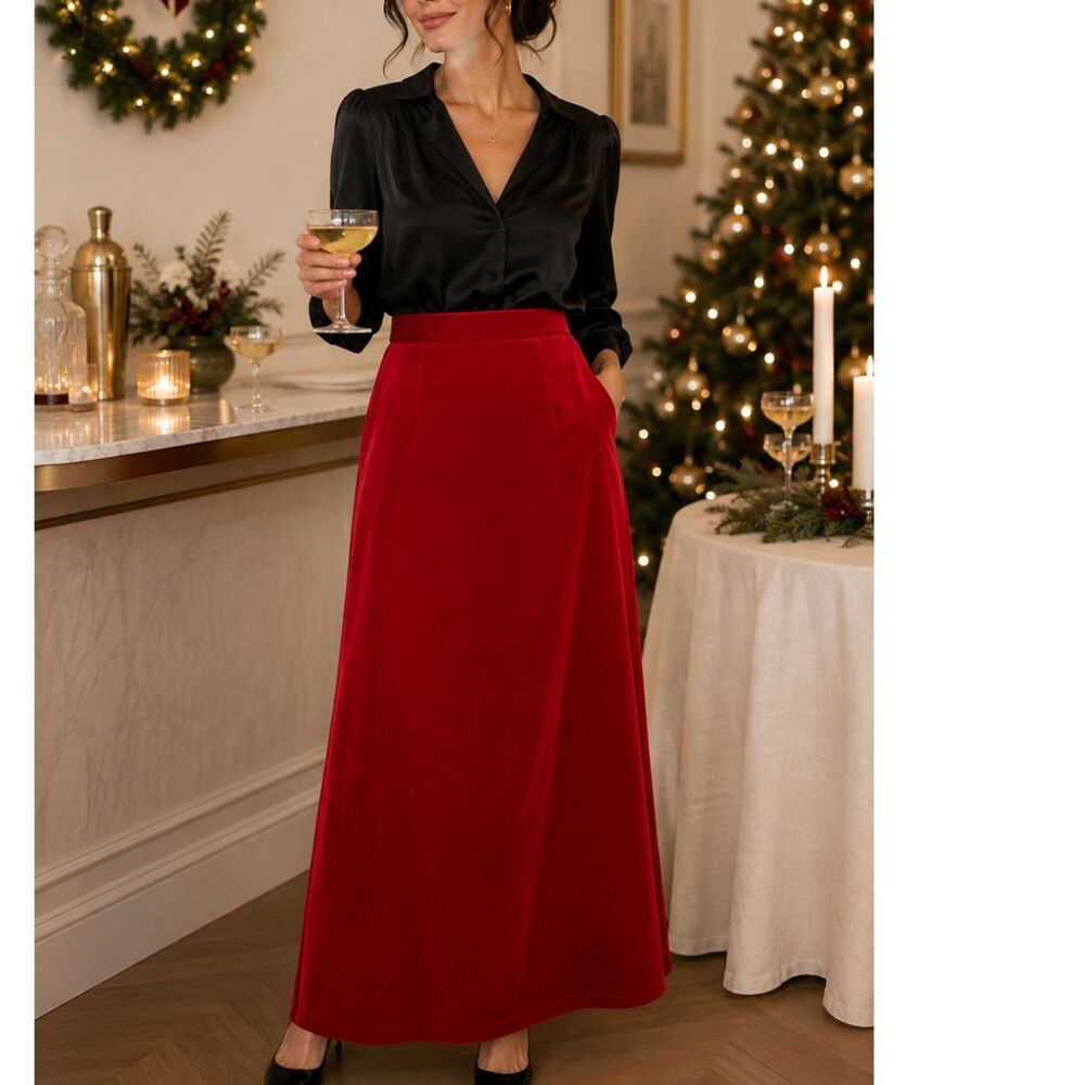 Vintage 70s Red Cotton Velvet Maxi Skirt Deadstock Holiday Cocktail Party 27W